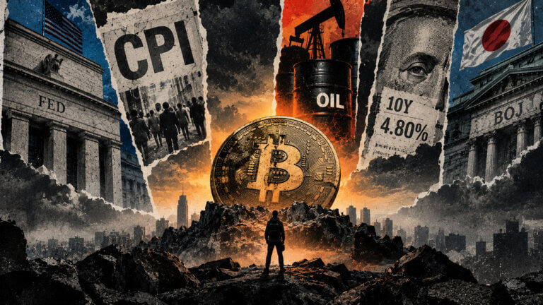 Bitcoin stands amid torn-paper scenes of CPI, Fed policy, oil, Treasury yields and BOJ pressure in a gritty matte editorial collage.