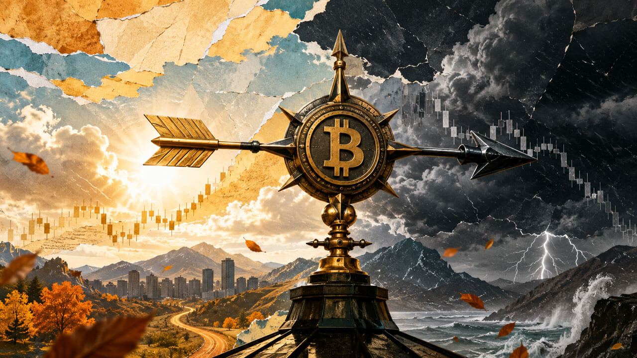 Bitcoin compass points between a bright rising market and a stormy falling chart in a dramatic mixed-media financial collage.