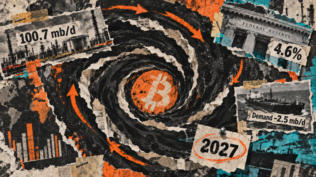 Bitcoin is pulled into a black oil vortex surrounded by refinery supply data, the Federal Reserve, tanker demand, inflation, and 2027.