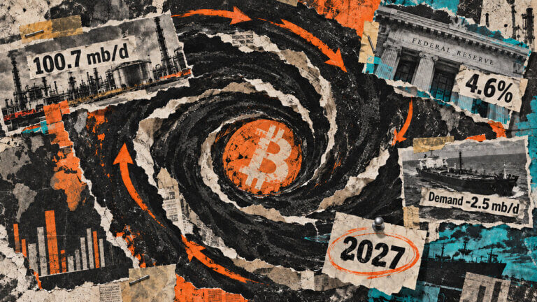 Bitcoin is pulled into a black oil vortex surrounded by refinery supply data, the Federal Reserve, tanker demand, inflation, and 2027.