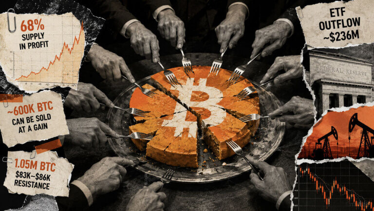 Suited figures carve up a Bitcoin cake as profit-supply, ETF outflow, Fed, oil, and resistance scraps surround the table.