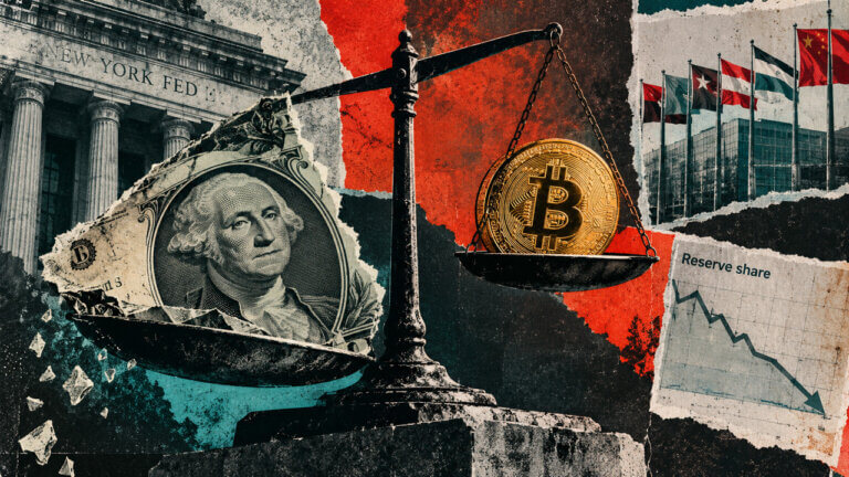Editorial collage showing Bitcoin and the U.S. dollar on a scale beside New York Fed imagery and a falling reserve-share chart.