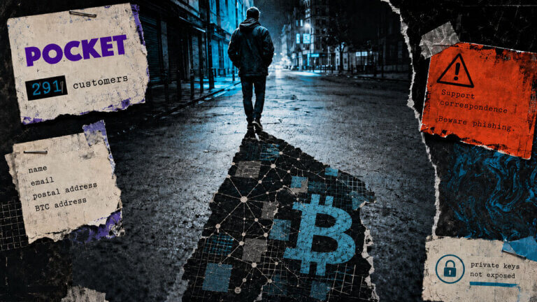 Noir editorial collage showing a customer whose shadow becomes public Bitcoin data, highlighting identity exposure and phishing risk.