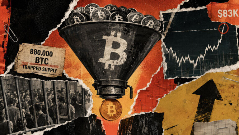 Distressed Bitcoin collage showing trapped supply squeezed through a funnel toward an $83K breakout target.