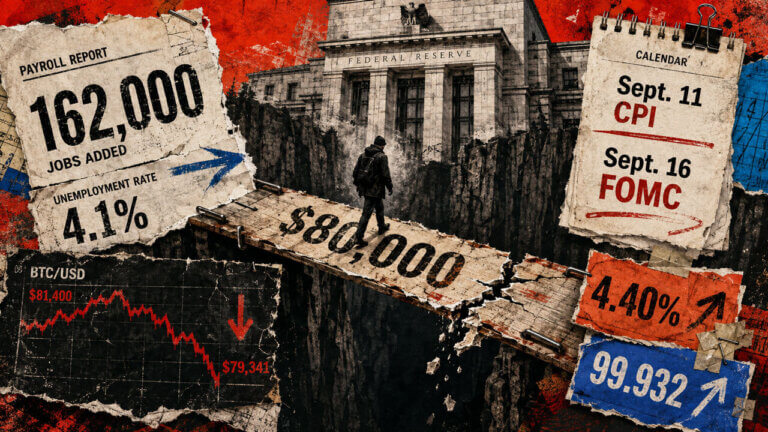 Bitcoin eye sinks below an 80,000 threshold as payroll data, Fed pressure, rising yields, dollar strength, and gold losses surround it.