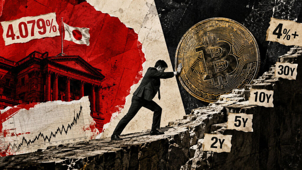 Suited figure pushes a giant Bitcoin uphill toward a 4.079% Japanese bond-yield wall and rising tenor steps.
