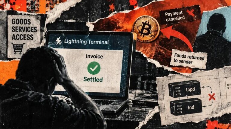 Punk-style collage of a merchant seeing a Lightning invoice marked settled despite the payment being canceled and returned, illustrating a tapd–lnd status mismatch. 23:04