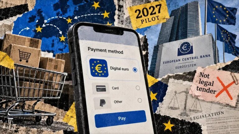 Editorial collage of a digital euro checkout screen, shopping cart, ECB headquarters, and notices marking a 2027 pilot without legal-tender status.