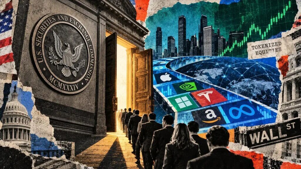 Editorial collage of investors entering the SEC as tokenized shares of major companies connect Wall Street with global blockchain markets.