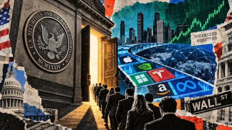 Editorial collage of investors entering the SEC as tokenized shares of major companies connect Wall Street with global blockchain markets.