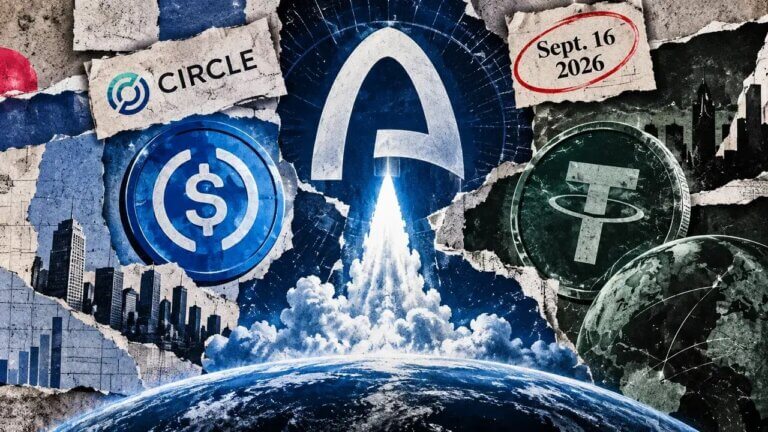 Editorial collage of Arc’s logo launching above Earth, flanked by Circle and USDC branding, a Tether token, and the Sept. 16, 2026 date.