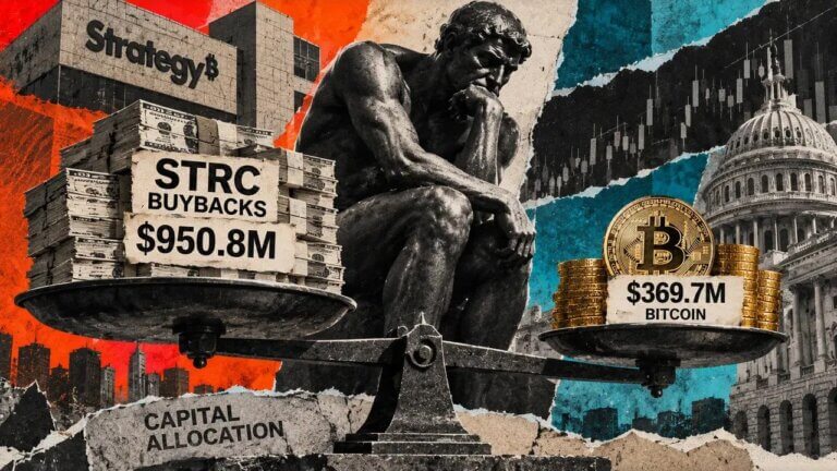A seated thinker overlooks Strategy’s $950.8M STRC buybacks and $369.7M Bitcoin purchases as competing capital priorities.