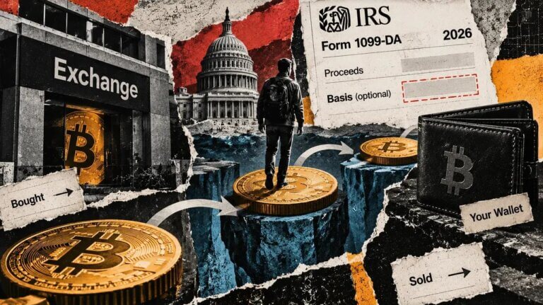Investor crosses Bitcoin platforms between an exchange and personal wallet as a 2026 Form 1099-DA shows an optional basis field.