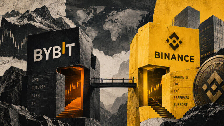 Bybit and Binance towers face across a narrow bridge, framed by market, access, reserves, and support imagery in a matte editorial style.