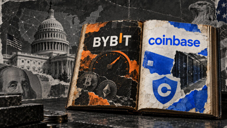 Bybit and Coinbase are compared across an open financial ledger with US access, assets, security, and market infrastructure cues.