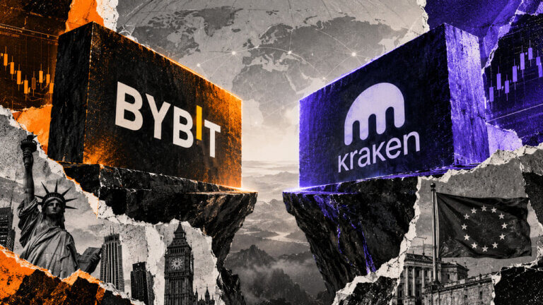 Bybit and Kraken represented on opposing editorial structures with US, UK, and EEA access cues, market imagery, and global exchange context.