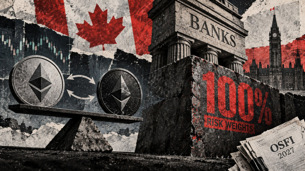 Gritty Canadian banking collage with crypto assets on a balance beam facing a massive 100% risk-weight barrier under OSFI rules.