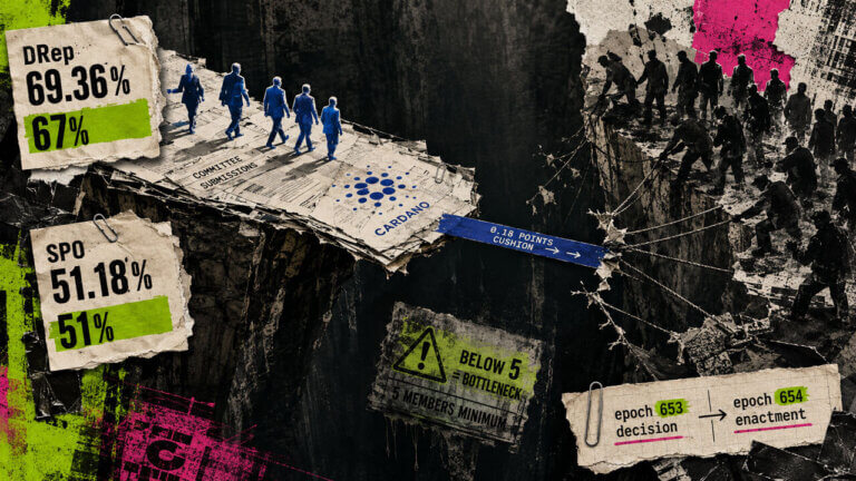 Editorial collage of a fragile Cardano governance bridge spanning a divide, with a 0.18-point cushion and committee bottleneck risk.