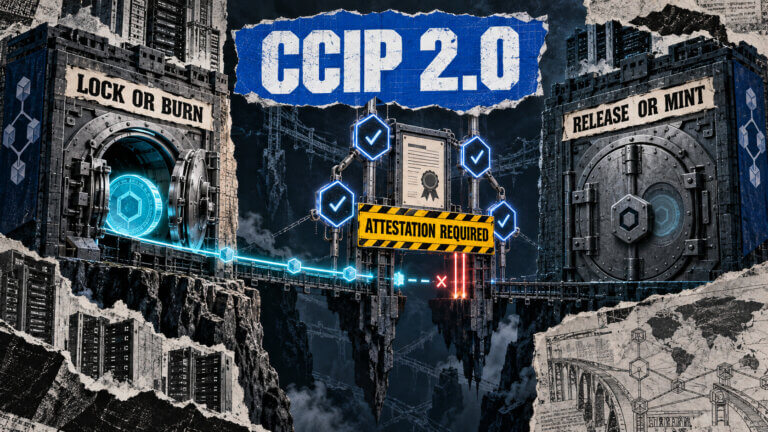 Torn-paper collage showing a CCIP 2.0 transfer halted at an attestation checkpoint between lock-or-burn and release-or-mint vaults.