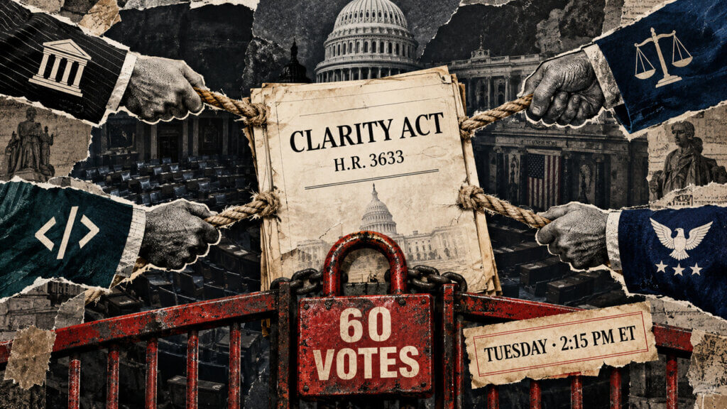 Editorial collage of the CLARITY Act dossier pulled by opposing groups behind a locked Senate gate marked “60 Votes” before Tuesday’s vote.