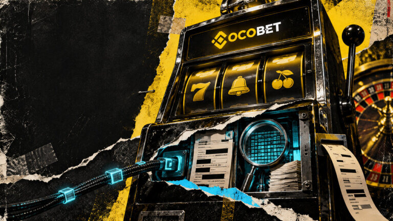 Cocobet-branded slot machine torn open to reveal crypto payment cables, review documents, a magnifying lens, and a roulette wheel.