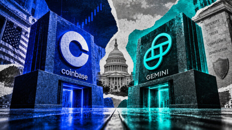 Coinbase and Gemini exchange towers face across a reflective plaza with US financial architecture, symbolizing competing crypto market gateways.