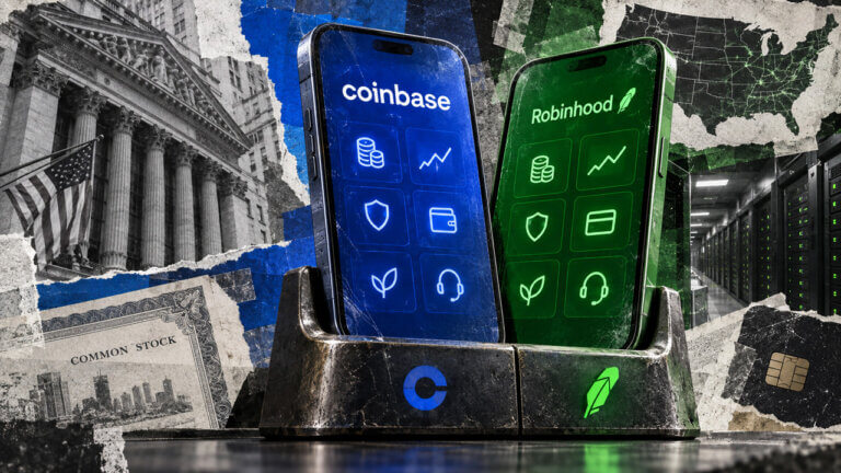 Coinbase and Robinhood displayed on paired mobile platforms with crypto, stock access, staking, custody, and support imagery.