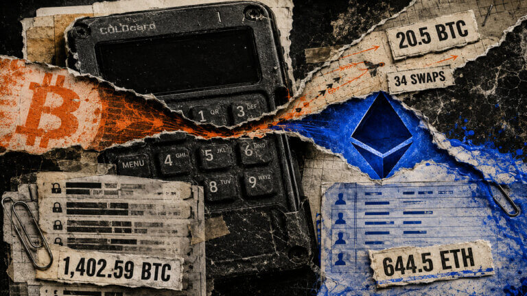 Editorial collage of a Coldcard hardware wallet, Bitcoin and Ethereum symbols, with labels for 20.5 BTC, 34 swaps, 1,402.59 BTC, and 644.5 ETH.
