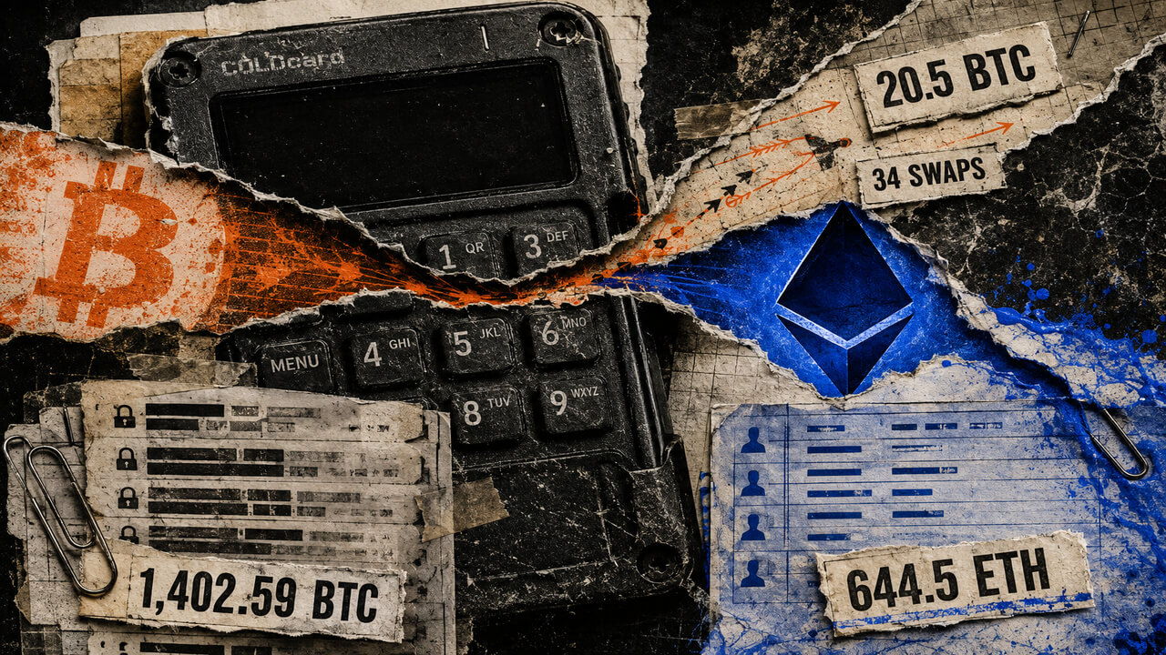 Editorial collage of a Coldcard hardware wallet, Bitcoin and Ethereum symbols, with labels for 20.5 BTC, 34 swaps, 1,402.59 BTC, and 644.5 ETH.