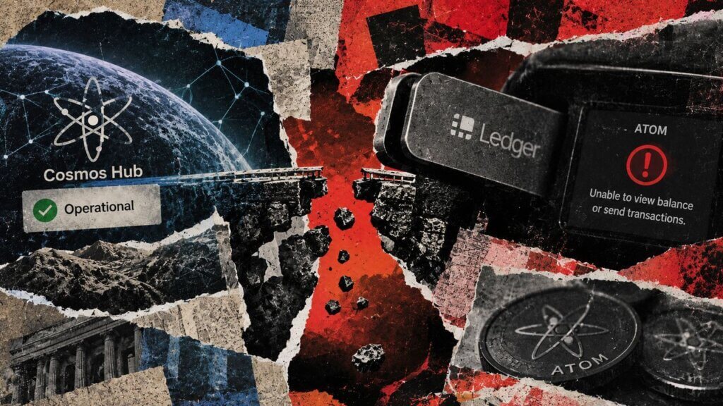Torn-paper editorial collage showing a broken connection between an operational Cosmos Hub and unavailable ATOM access through Ledger.