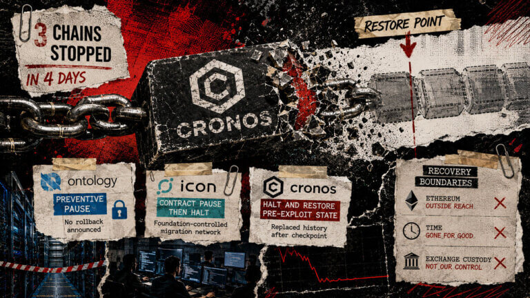 Cronos blockchain breaks at a restore point as Ontology and ICON pause evidence highlights rollback, custody and recovery limits.