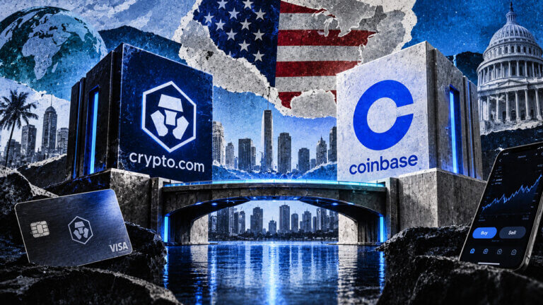 Crypto.com and Coinbase towers face across a bridge with US market, card, and trading cues, representing a side-by-side crypto exchange comparison.