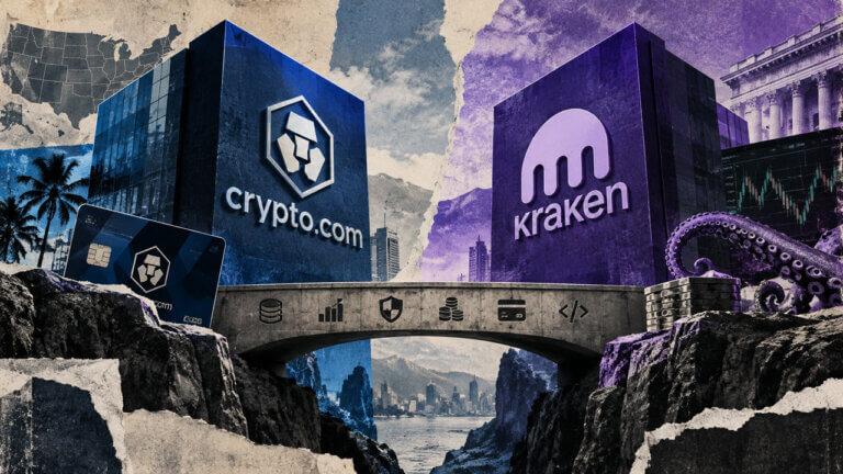 Crypto.com and Kraken towers face across a bridge with cards, trading, staking, reserves, and API cues in a premium editorial collage.