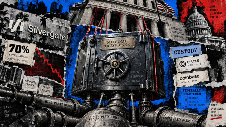 National trust bank vault hangs under OCC oversight while third-party bank links expose crypto custody to continued federal control.