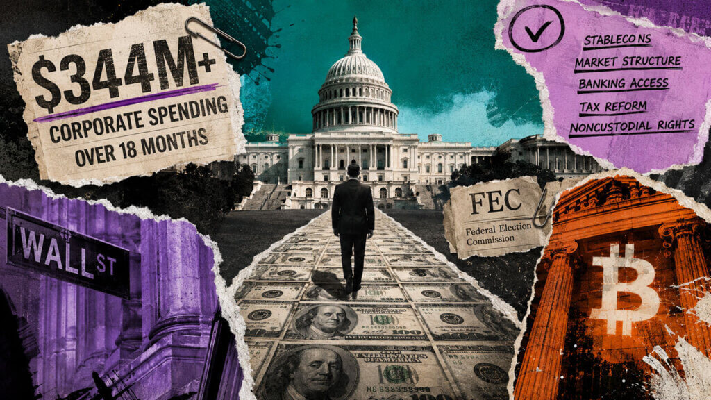 A suited figure walks a path of dollar bills toward the U.S. Capitol, surrounded by crypto policy and political spending fragments.