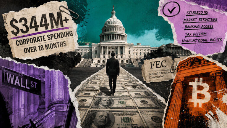 A suited figure walks a path of dollar bills toward the U.S. Capitol, surrounded by crypto policy and political spending fragments.