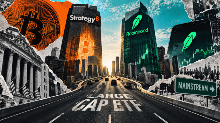 A large-cap ETF highway leads toward towering Strategy and Robinhood buildings, visualizing crypto-linked exposure entering mainstream stocks.
