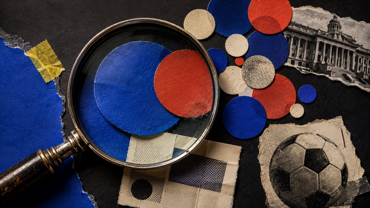 Scrapbook collage of a magnifying glass over blue and red paper bubbles, with a classical building and soccer ball representing prediction market categories.