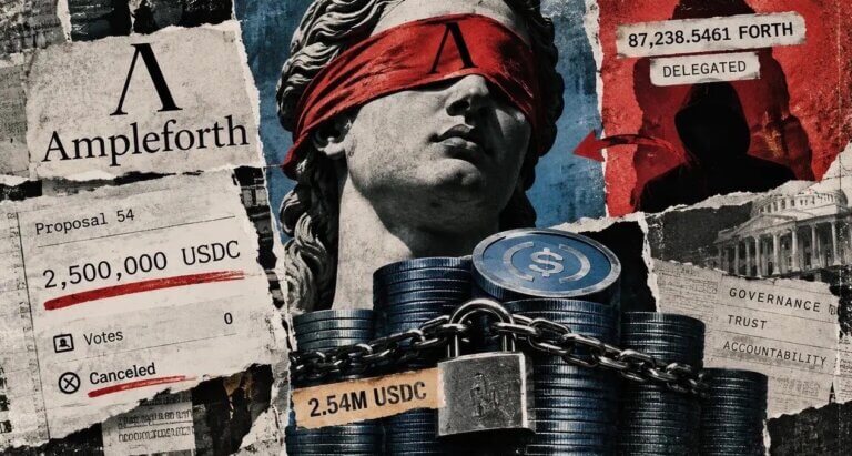 A blindfolded governance figure towers over locked USDC reserves while delegated FORTH voting power points toward a canceled 2.5 million USDC request.
