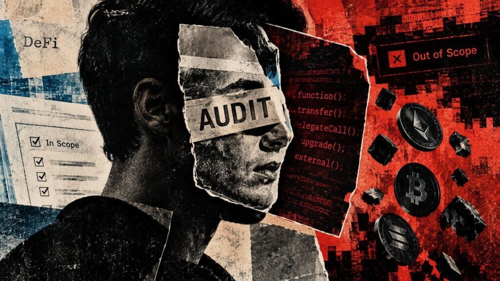 Torn editorial portrait contrasts audited DeFi scope with exposed code and crypto assets in a red out-of-scope risk zone.