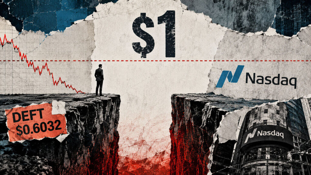 DEFT at $0.6032 stands across a widening chasm from Nasdaq’s $1 requirement, illustrating the failed minimum-bid test.