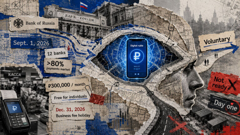 Human profile built from maps frames a digital ruble wallet as Bank of Russia rollout routes split between access, choice, and delays.