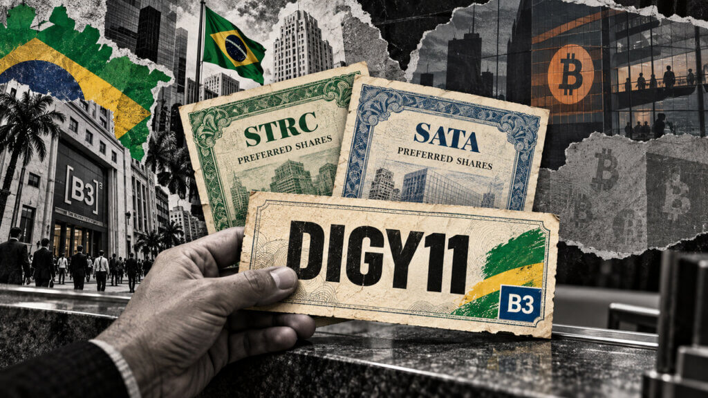 Editorial collage of a hand holding a DIGY11 ticket before STRC and SATA preferred-share certificates, Brazilian exchange imagery, and Bitcoin symbols in the background.