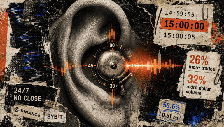 A human ear contains a hidden trading bell as 15:00:00 triggers orange crypto market bursts and clipped volume evidence.