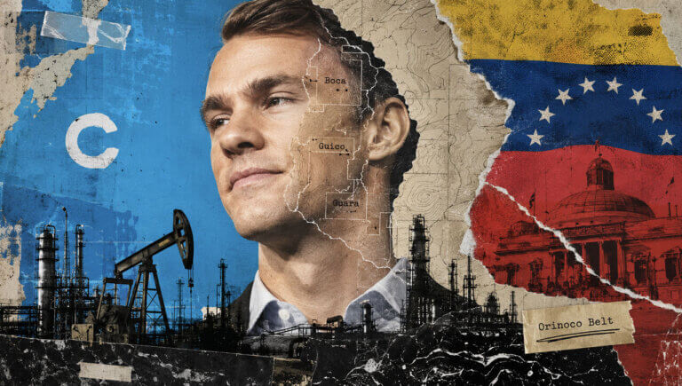 Fred Ehrsam’s face merges with Boca, Guico, and Guara oil-field map lines above refineries and Venezuelan state imagery.
