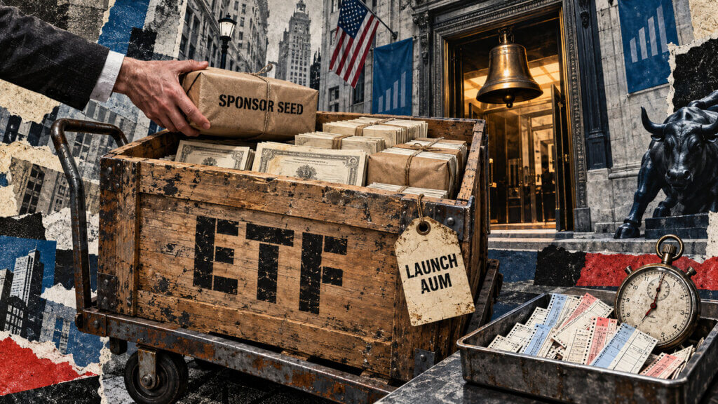 Editorial collage of a sponsor loading seed capital into an ETF crate beside an exchange entrance, with separate trading tickets and a stopwatch.
