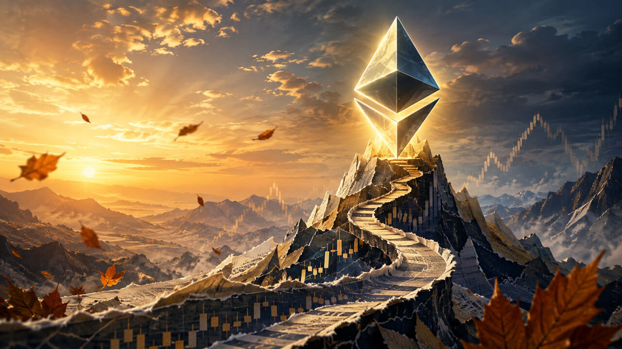 Ethereum symbol glowing above a mountain summit as a winding path follows rising candlestick charts through an autumn landscape.