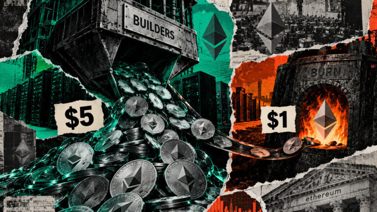Ethereum collage shows a large $5 stream flowing to builders while a much smaller $1 stream feeds ETH burn infrastructure.