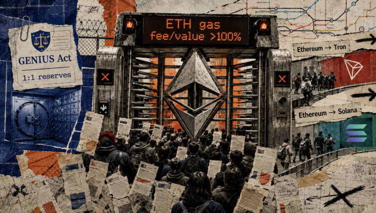 Crowd blocked by an Ethereum gas fee turnstile while GENIUS Act reserve safeguards and routes to Tron and Solana appear nearby.