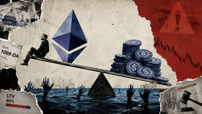 Ethereum and stablecoin debt tip a seesaw toward liquidation while tax reporting, falling markets, and submerged lenders signal shared DeFi risk.